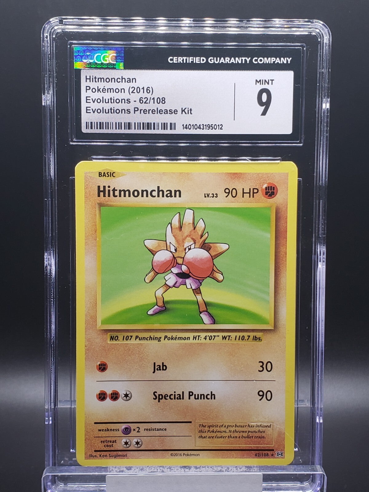 Pokemon Hitmonchan 62/108 Non Holo Evolutions Prerelease Kit CGC 9 Mint